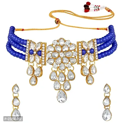 Stefan Blue Kundan Gold Plated Traditional Choker Necklace Set (CJ100596)