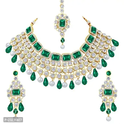 Stefan Leaker Gold Plated Green Kundan Choker Necklace Set with Maangtikka for Women (CJ100409)