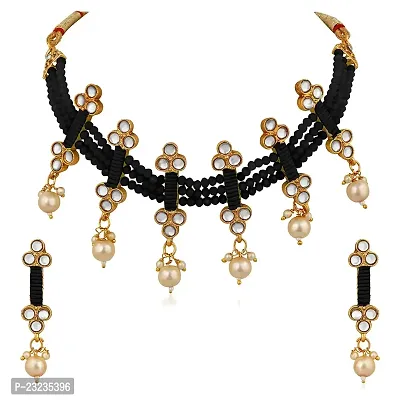 Stefan Traditional Floral Kundan  Black Beads Layered Choker Necklace Jewellery Set for Women (CJ100261BLK)