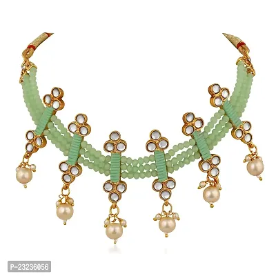 Stefan Traditional Floral Kundan  Green Beads Layered Choker Necklace Jewellery Set for Women (CJ100261GRN)-thumb3