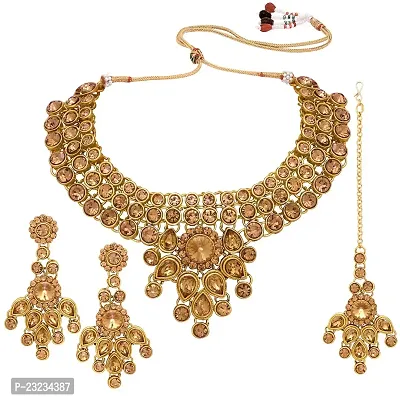 Stefan Traditional Ethnic Mehandi Plated Necklace Set with Brown Kundan and Crystals for Women (CJ100354)-thumb0