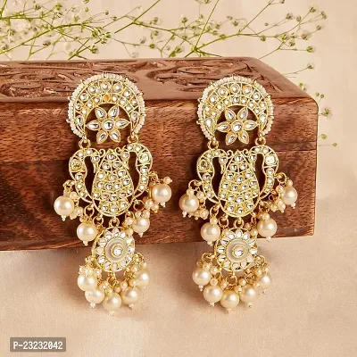 Stefan Gold Plated Traditional White Kundan Long Dangler Earring For Women CJ100198-thumb4