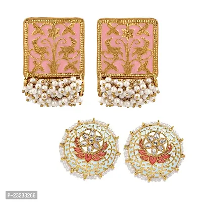 Stefan 2 Pairs of Traditional Ethnic Dangler and Round Shaped Earrings Combo with Kundan and Meenakari Work for Women (ERCO001006)-thumb0