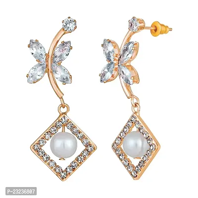 Stefan Rose Gold Plated Butterfly Shaped American Diamond  Artificial Pearl Dangle Drop Earring for Women (CJ100617)