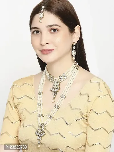 Vanee Ethnic Gold Plated White Kundan Necklace Earring  Maangtikka For Women (White)-thumb3