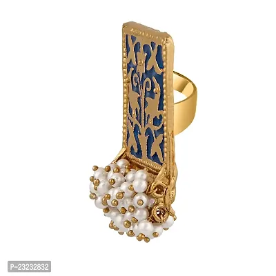 Stefan Ethnic Meenakari Work Rectangular Shape Finger ring with Artificial Pearl for Women FR100138Blu-thumb0