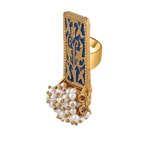 Stefan Ethnic Meenakari Work Rectangular Shape Finger ring with Artificial Pearl for Women FR100138Blu