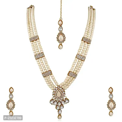 Vanee Ethnic Gold Plated White Kundan Necklace Earring  Maangtikka For Women (White)-thumb4