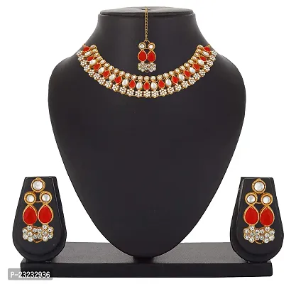 Stefan Red Kundan  Artificial Pearl Traditional Choker Necklace Earring  Maangtikka Set For Women (CJ100257RED)-thumb2