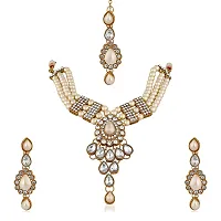 Vanee Ethnic Gold Plated White Kundan Necklace Earring  Maangtikka For Women (White)-thumb4