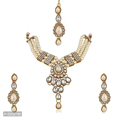 Vanee Ethnic Gold Plated White Kundan Necklace Earring  Maangtikka For Women (White)-thumb5