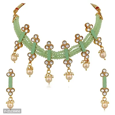 Stefan Traditional Floral Kundan  Green Beads Layered Choker Necklace Jewellery Set for Women (CJ100261GRN)