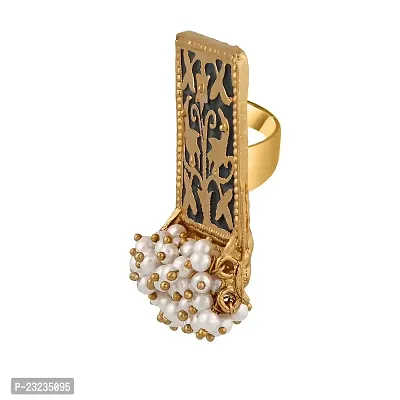 Stefan Ethnic Meenakari Work Rectangular Shape Finger ring with Artificial Pearl for Women FR100138Bla