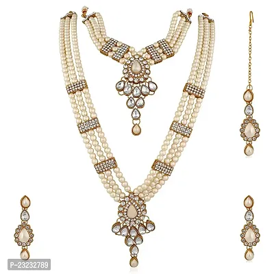 Vanee Ethnic Gold Plated White Kundan Necklace Earring  Maangtikka For Women (White)-thumb0