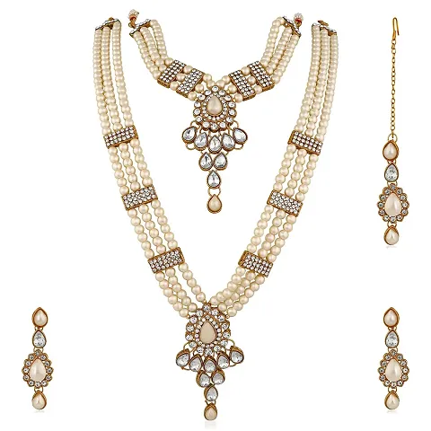 Vanee Ethnic Plated Kundan Necklace Earring Maangtikka For Women (White)