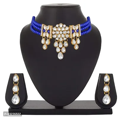 Stefan Blue Kundan Gold Plated Traditional Choker Necklace Set (CJ100596)-thumb2