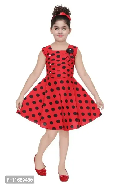 Fessist Trendy A-Line Cotton Knee-Length Casual Red Polka Dot Dress for Girls (Color- Black) (Size-24)