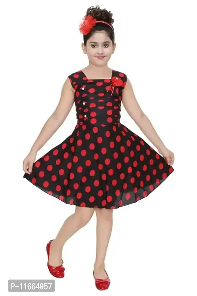 Fessist Trendy A-Line Cotton Knee-Length Casual Black Polka Dot Dress for Girls (Color- Red) (Size-20)