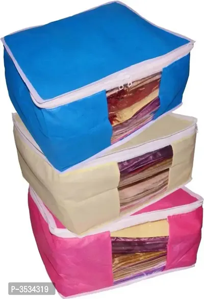 Pack of 3 Non Woven  Saree Cover Organizer bag vanity pouch Keep saree/Suit/Travelling Pouch  (pink,blue,cream)