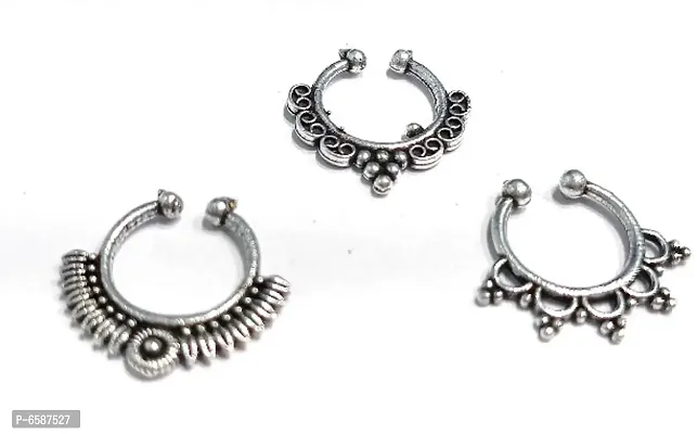 Oxidised Silver-Toned Beautiful Design Pressable Septum  Nosepin for Women and Girls set of 3