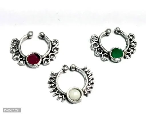 Oxidised Silver-Toned Beautiful Design Pressable Septum  Nosepin for Women and Girls set of 3