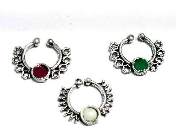 Oxidised Silver-Toned Beautiful Design Pressable Septum Nosepin for Women and Girls set of 3