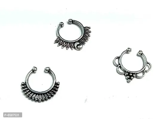 Oxidised Silver-Toned Beautiful Design Pressable Septum  Nosepin for Women and Girls set of 3-thumb0