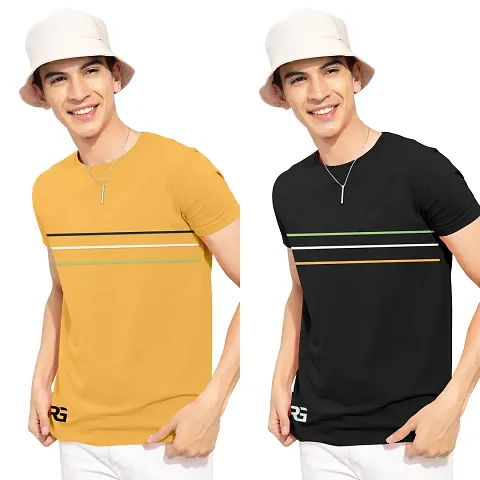 Stylish Blend Self Pattern Round Neck Tees For Men- Pack Of 2