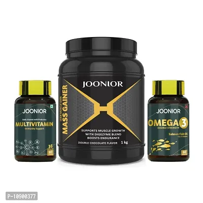 JOONIOR Omega 3 (60capsule) + Multivitamin (60 tablet) + Mass Gainer Weight Gainers/Mass Gainers  (1 kg, Double Chocolate)-thumb0