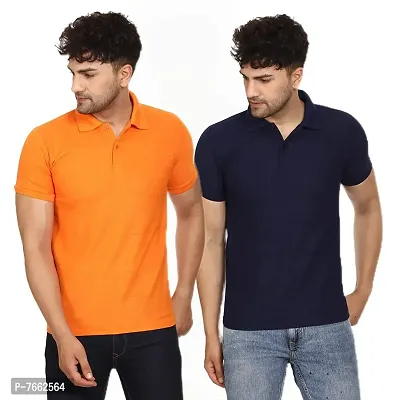 SMAN Men's Polo T-Shirt Regular Fit Polyester Half Sleeve Multicolour with Orange Without Pocket Combo Pack of 2 (Orange  Navy Blue, 2XL)