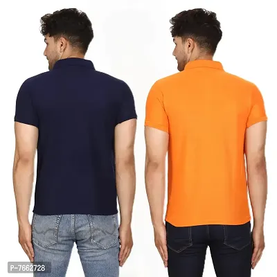 SMAN Men's Polo T-Shirt Regular Fit Polyester Half Sleeve Multicolour with Navy Blue Without Pocket Combo Pack of 2 (Navy Blue  Orange, XL)-thumb2