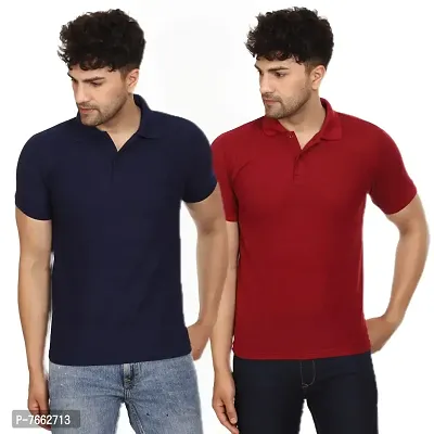 SMAN Men's Polo T-Shirt Regular Fit Polyester Half Sleeve Multicolour with Navy Blue Without Pocket Combo Pack of 2 (Navy Blue  Maroon, 2XL)