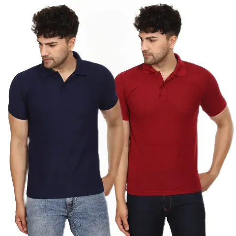 SMAN Men's Polo T-Shirt Regular Fit Polyester Half Sleeve Multicolour with Navy Blue Without Pocket Combo Pack of 2