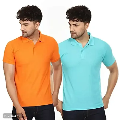 SMAN Men's Polo T-Shirt Regular Fit Polyester Half Sleeve Multicolour with Orange Without Pocket Combo Pack of 2 (Orange  Aqua, M)-thumb0