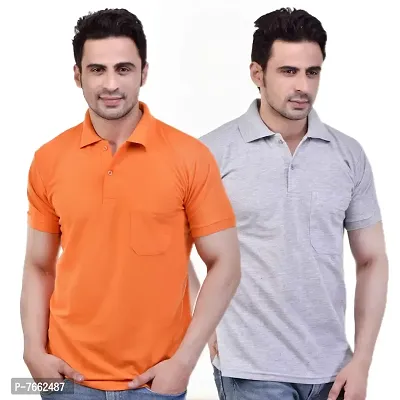 SMAN Men's Polo T-Shirt Regular Fit Polyester Half Sleeve Multicolour with Grey with Pocket Combo Pack of 2 (Orange  Grey, 2XL)