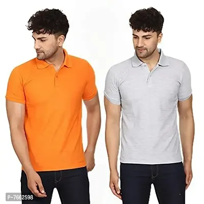 SMAN Men's Polo T-Shirt Regular Fit Polyester Half Sleeve Multicolour with Orange Without Pocket Combo Pack of 2 (Orange  Grey, 2XL)-thumb0