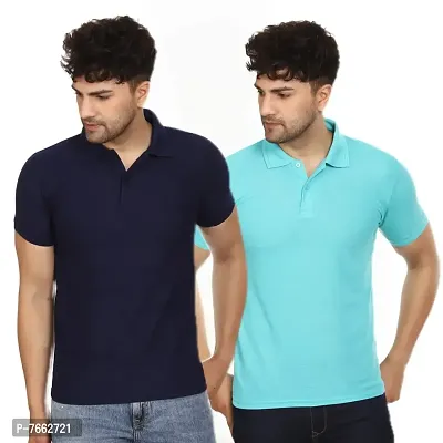 SMAN Men's Polo T-Shirt Regular Fit Polyester Half Sleeve Multicolour with Navy Blue Without Pocket Combo Pack of 2 (Navy Blue  Aqua, L)