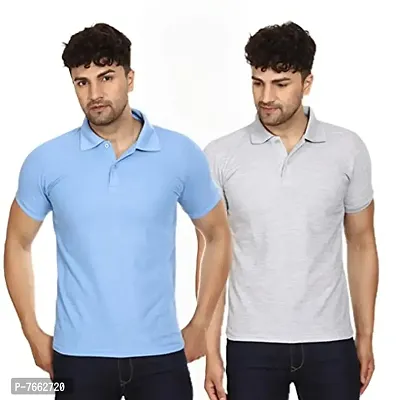 SMAN Men's Polo T-Shirt Regular Fit Polyester Half Sleeve Multicolor Without Pocket Combo Pack of 2 (SkyBlue  Grey, 2XL)