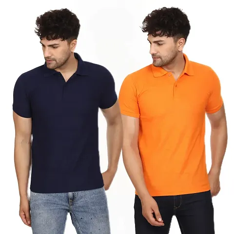 SMAN Men's Polo T-Shirt Regular Fit Polyester Half Sleeve Multicolour with Navy Blue Without Pocket Combo Pack of 2
