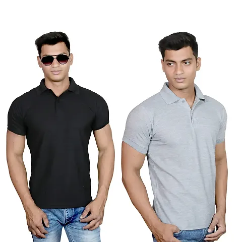 SMAN Men's Solid Polo T-Shirt Slim Fit, Half Sleeve Bottom Neck Collar for Causal and Daily use Combo Pack of 2