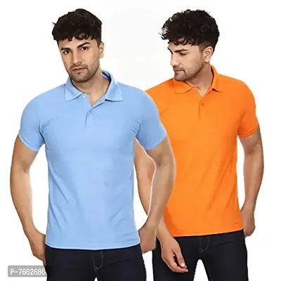 SMAN Men's Polo T-Shirt Regular Fit Polyester Half Sleeve Multicolor Without Pocket Combo Pack of 2 (SkyBlue  Orange, XL)