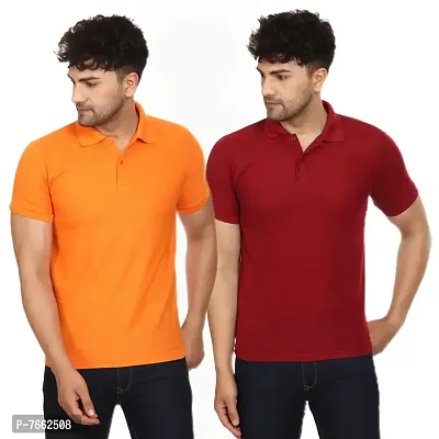 SMAN Men's Polo T-Shirt Regular Fit Polyester Half Sleeve Multicolour with Orange Without Pocket Combo Pack of 2 (Orange  Maroon, 2XL)