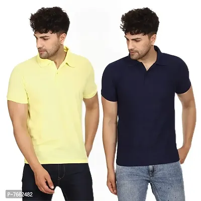 SMAN Men's Polo T-Shirt Regular Fit Polyester Half Sleeve Multicolour with Lemon Without Pocket Combo Pack of 2 (Lemon  Navy Blue, 2XL)