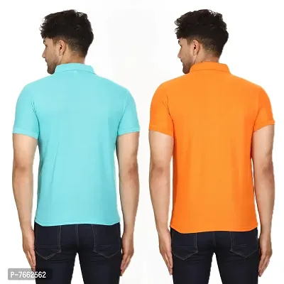 SMAN Men's Polo T-Shirt Regular Fit Polyester Half Sleeve Multicolour with Aqua Without Pocket Combo Pack of 2 (Aqua  Orange, L)-thumb2