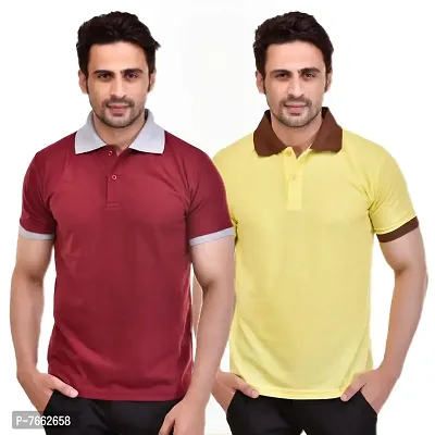 SMAN Men's Polo T-Shirt Regular Fit Polyester Half Sleeve Multi colours of Contrast collar Combo Pack of 2 (Maroon  Yellow, XL)