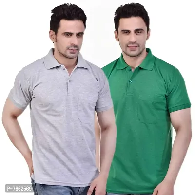 SMAN Men's Polo T-Shirt Regular Fit Polyester Half Sleeve Multicolour with Grey with Pocket Combo Pack of 2 (Grey  Green, M)