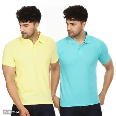 SMAN Men's Polo T-Shirt Regular Fit Polyester Half Sleeve Multicolour with Lemon Without Pocket Combo Pack of 2 (Lemon  Aqua, XL)