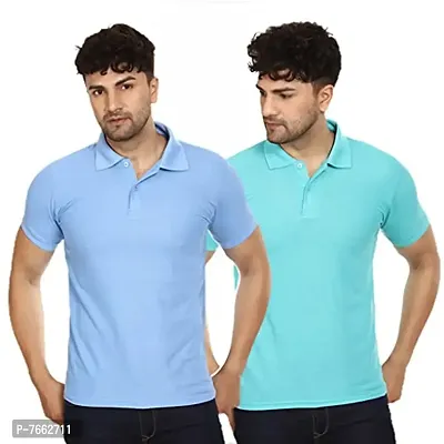 SMAN Men's Polo T-Shirt Regular Fit Polyester Half Sleeve Multicolor Without Pocket Combo Pack of 2 (SkyBlue  Aqua, M)