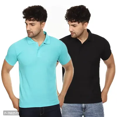 SMAN Men's Polo T-Shirt Regular Fit Polyester Half Sleeve Multicolour with Aqua Without Pocket Combo Pack of 2 (Aqua  Black, 2XL)