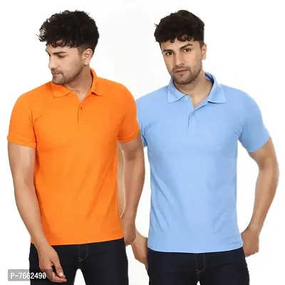 SMAN Men's Polo T-Shirt Regular Fit Polyester Half Sleeve Multicolour with Orange Without Pocket Combo Pack of 2 (Orange  Sky Blue, XL)-thumb0